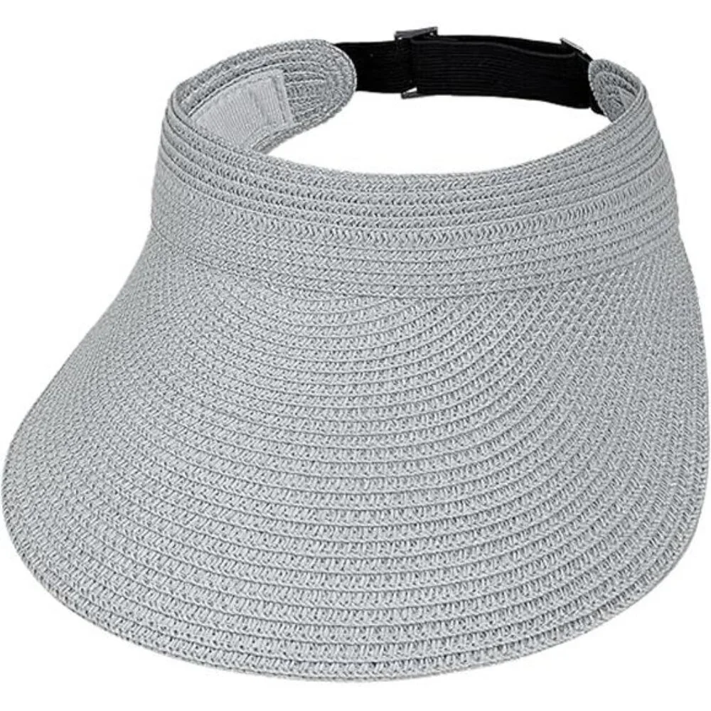 Gray Wide Brim Straw Sun Visor Hat – Packable Straw Visor with Adjustable Fit